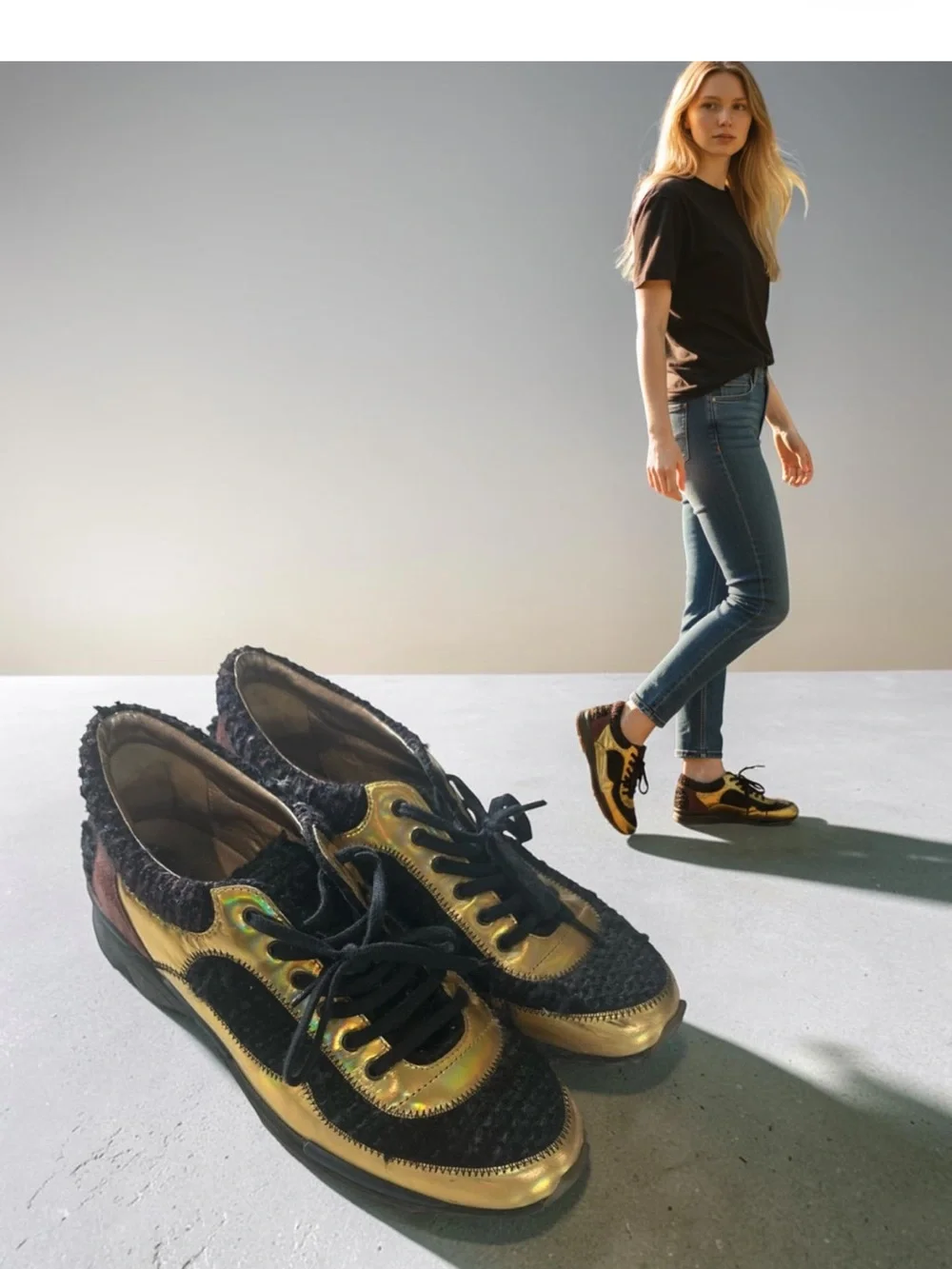 CHANEL Metallic Gold and Black Women's Sneakers